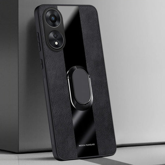 A black Oppo Reno 8T 5G smartphone in a premium leather case with an autofocus ring feature visible on the back.