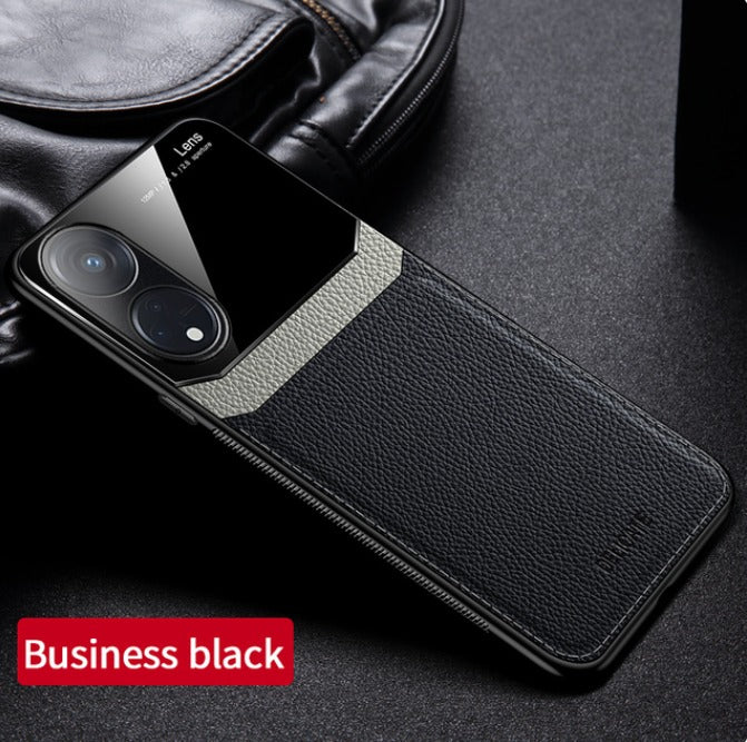 A black Oppo Reno 8T 5G smartphone case with a matte finish and a business design, featuring a premium leather lens protective design.
