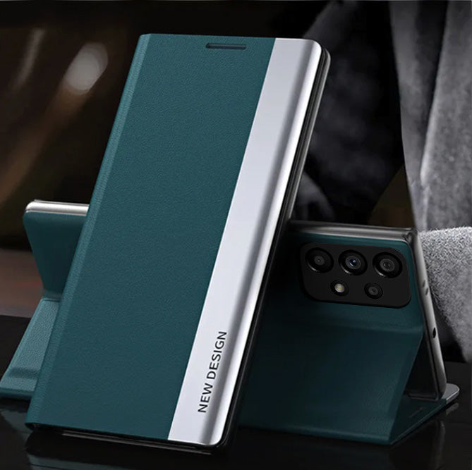 A magnetic flip leather case in green with a silver accent, designed for the Samsung Galaxy A53 5G smartphone, shown in a closed position.