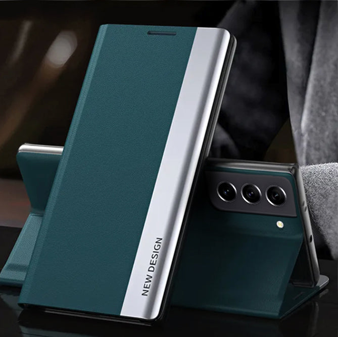 A green and black Samsung Galaxy S22 magnetic flip case with polyurethane leather finish and a silver accent on the side.