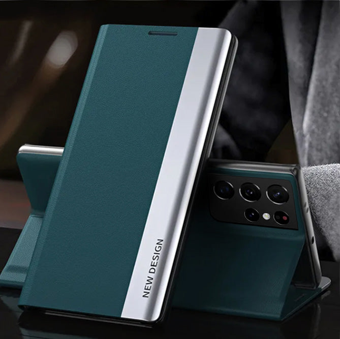 A green and black Samsung Galaxy S21 Ultra 5G flip leather case with a magnetic closure.