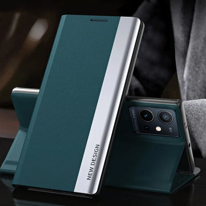 A green and black magnetic flip case for the Vivo T1 5G smartphone, showcasing the case's open and closed positions with the phone partially visible.