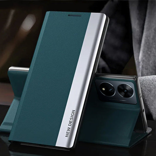 A green magnetic flip leather case for the Vivo T2 5G smartphone, displayed on a table with a blurred background.